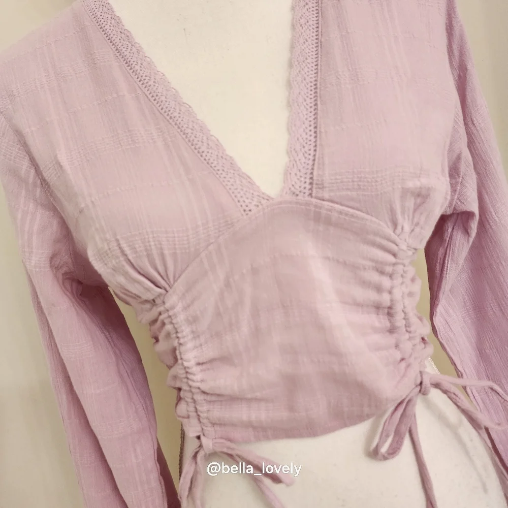 Aeropostale Lavender Ruched V-Neck Blouse Long Puffy Sleeves